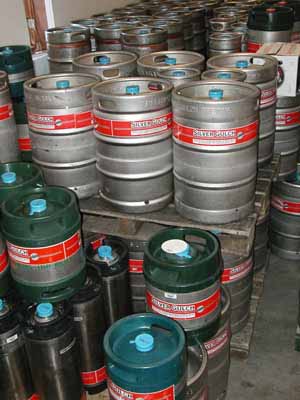 [View of kegs in cool room]